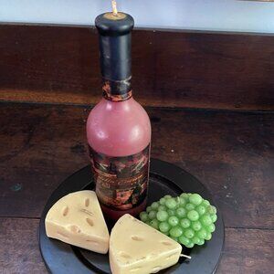 Wine and Cheese vintage wax candle set on metal tray